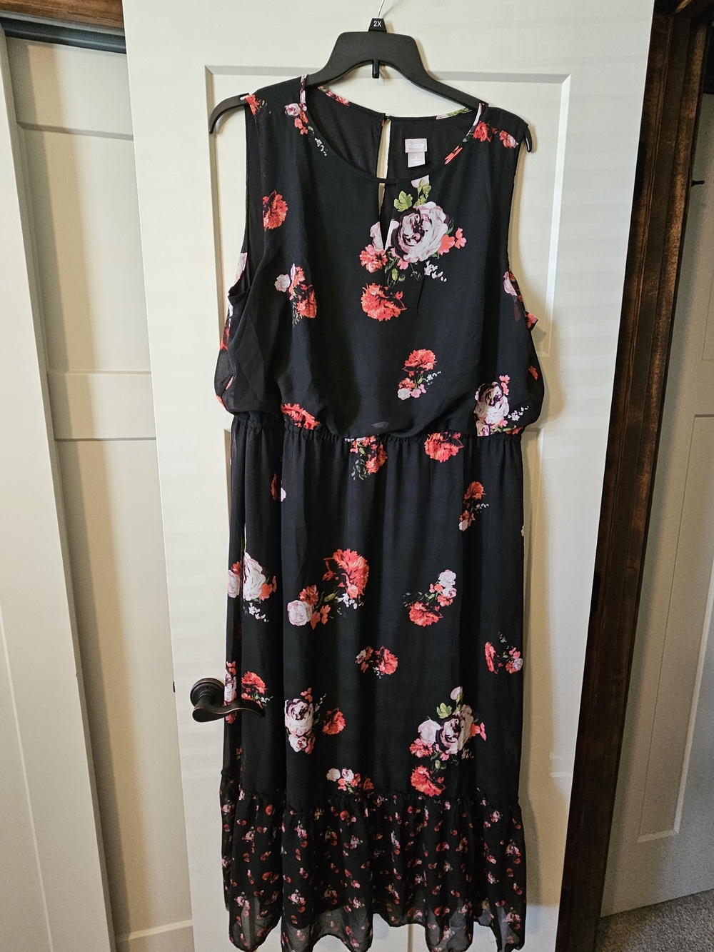 Chico's Black Maxi Dress with Pink & Red Floral Print